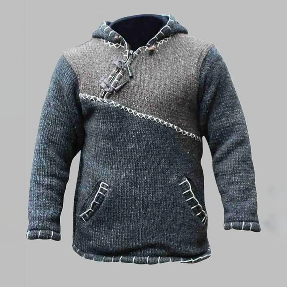 

Cow Horn Buckles Long Sleeve Knitted Hoodie Drawstring Patchwork Front Pocket Sweatshirt Sweater Male Clothing Hooded Jumpers