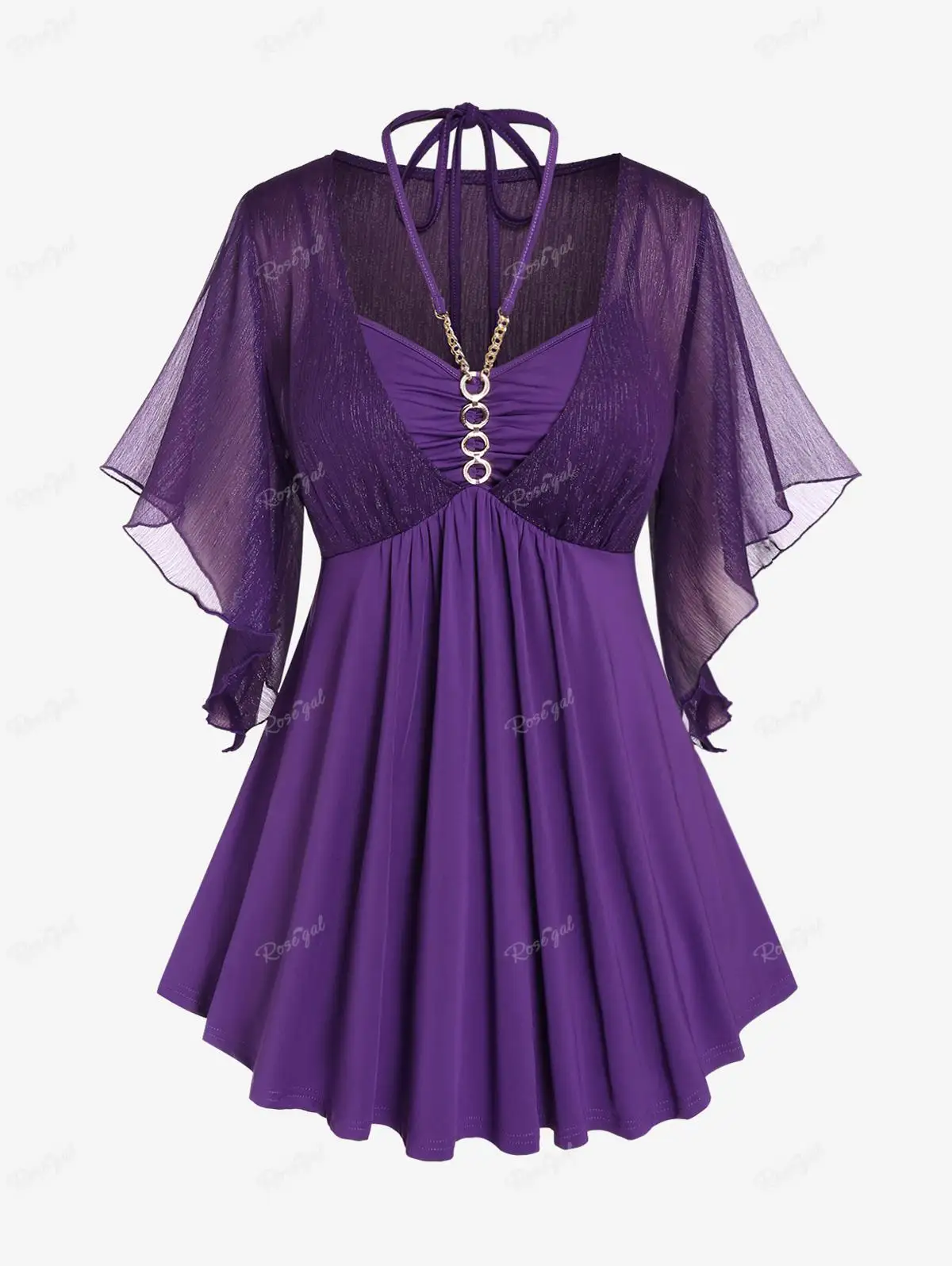 

ROSEGAL Plus Size Fashion Purple Tees Ring Chain Halter Pleated Butterfly Sleeves T-Shirt Women Streetwear Cold Shoulder Top 4XL