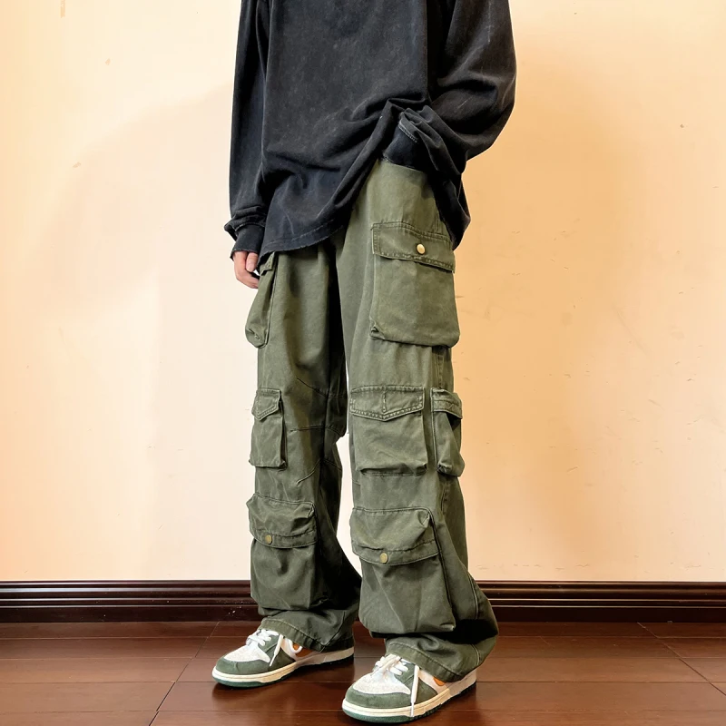 

Autumn Long Pants Multi-Pocket Harajuku Men's Retro Loose Wide Leg Pants Casual Hip-Hop Straight High Waisted Dragline Trousers