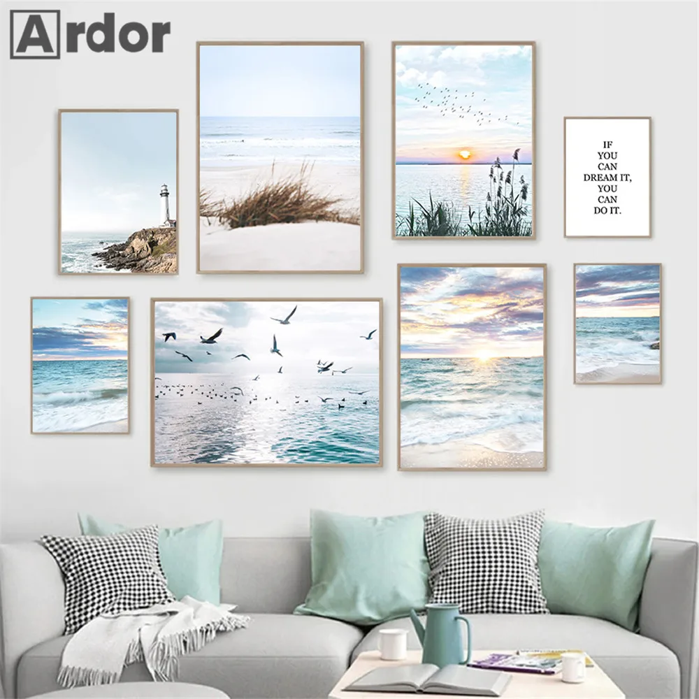 

Постер на холсте С закатом, пляжные художественные принты, картина в виде чайки, морская волна, природный пейзаж, постеры, настенные картины в скандинавском стиле, декор для гостиной