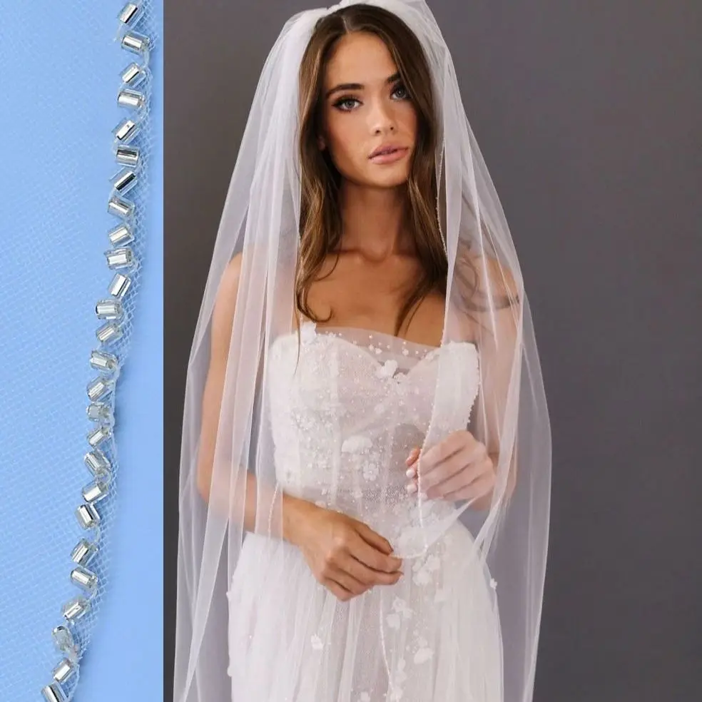 

YouLaPan V38 Bridal Veils Wedding Crystal Beaded Edge Elbow Length Wedding Veil with Partial Trim 1 Tier Veu Bridal Accessories