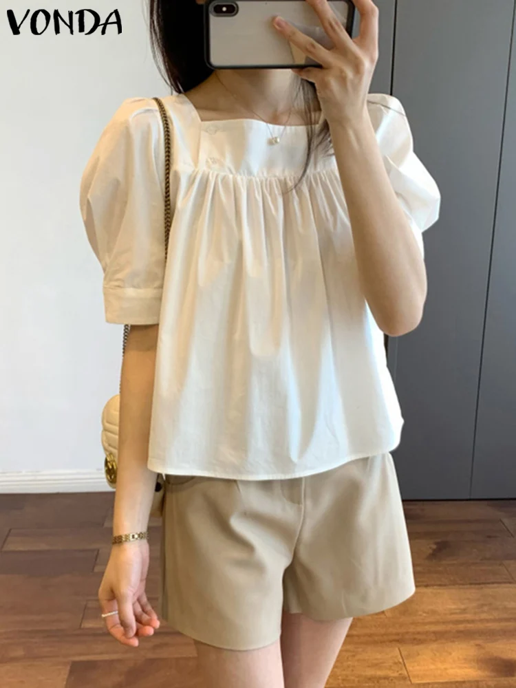 2023 VONDA Summer Elegant Shirts Women Square Neck Tunic Tops Puff Short Sleeve Casual Pleated Solid Blouse Blusas Femininas
2023 VONDA Summer Elegant Shirts Women Square Neck Tunic Tops Puff Short Sleeve Casual Pleated Solid Blouse Blusas Femininas