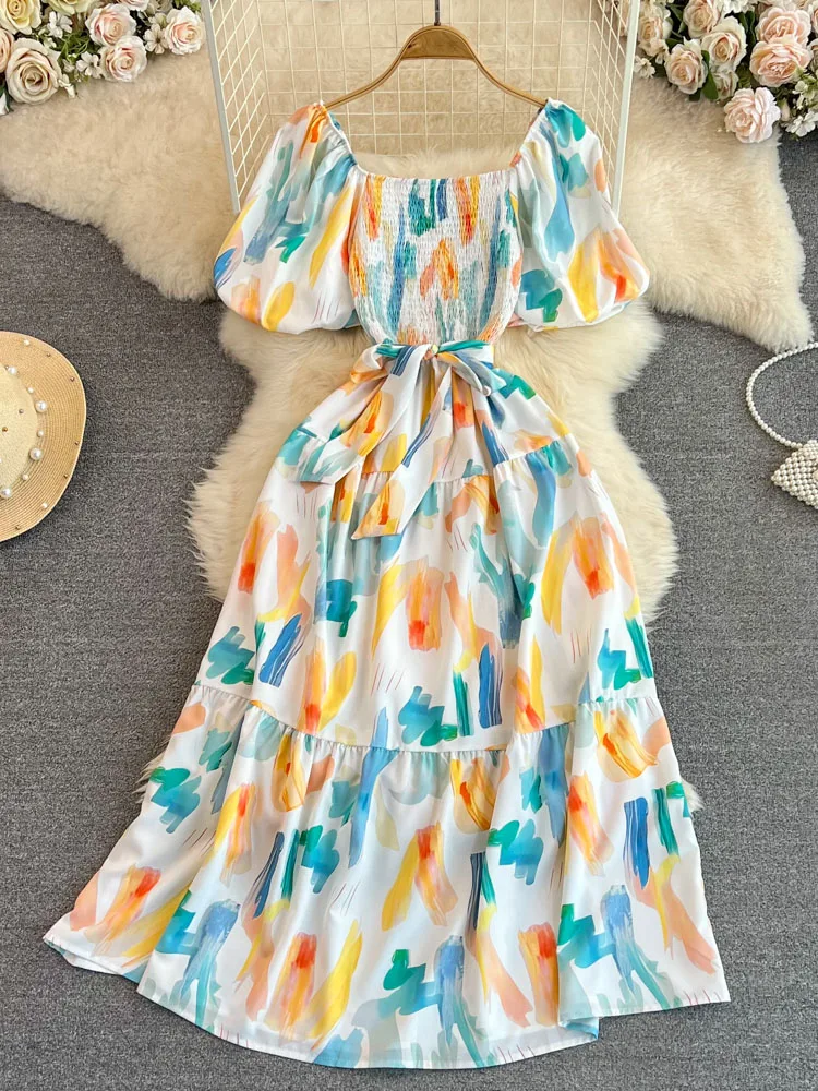 Women Summer Dress French Gentle and Retro Style Bubble Short Sleeved Square Neck Waist Length A-line Printed Dress D4574
Women Summer Dress French Gentle and Retro Style Bubble Short Sleeved Square Neck Waist Length A-line Printed Dress D4574