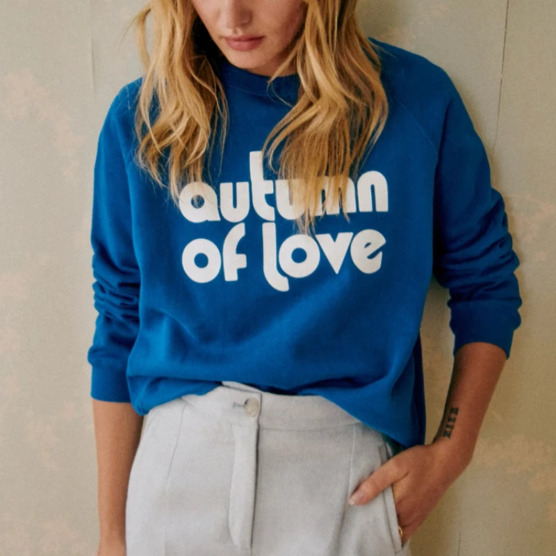 

Bright Blue Letter Print Fashionable Add Velvet Raglan Long-sleeved Pullover Sweatshirt for Women