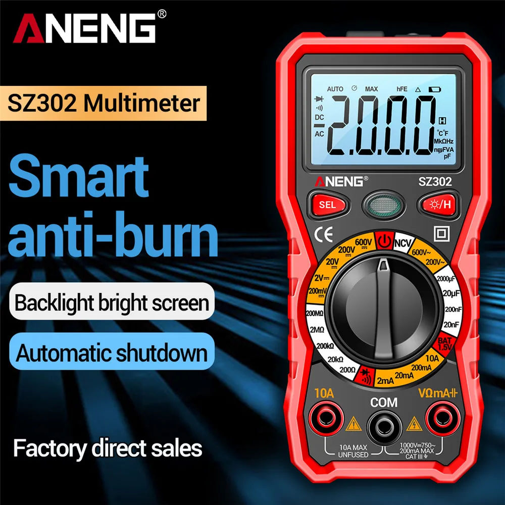 ANENG SZ302 Professional Digital Multimeter NCV AC/DC Votage Tester Detector Resistance Tester Ohm Ammeter Capacitance Tester
ANENG SZ302 Professional Digital Multimeter NCV AC/DC Votage Tester Detector Resistance Tester Ohm Ammeter Capacitance Tester
