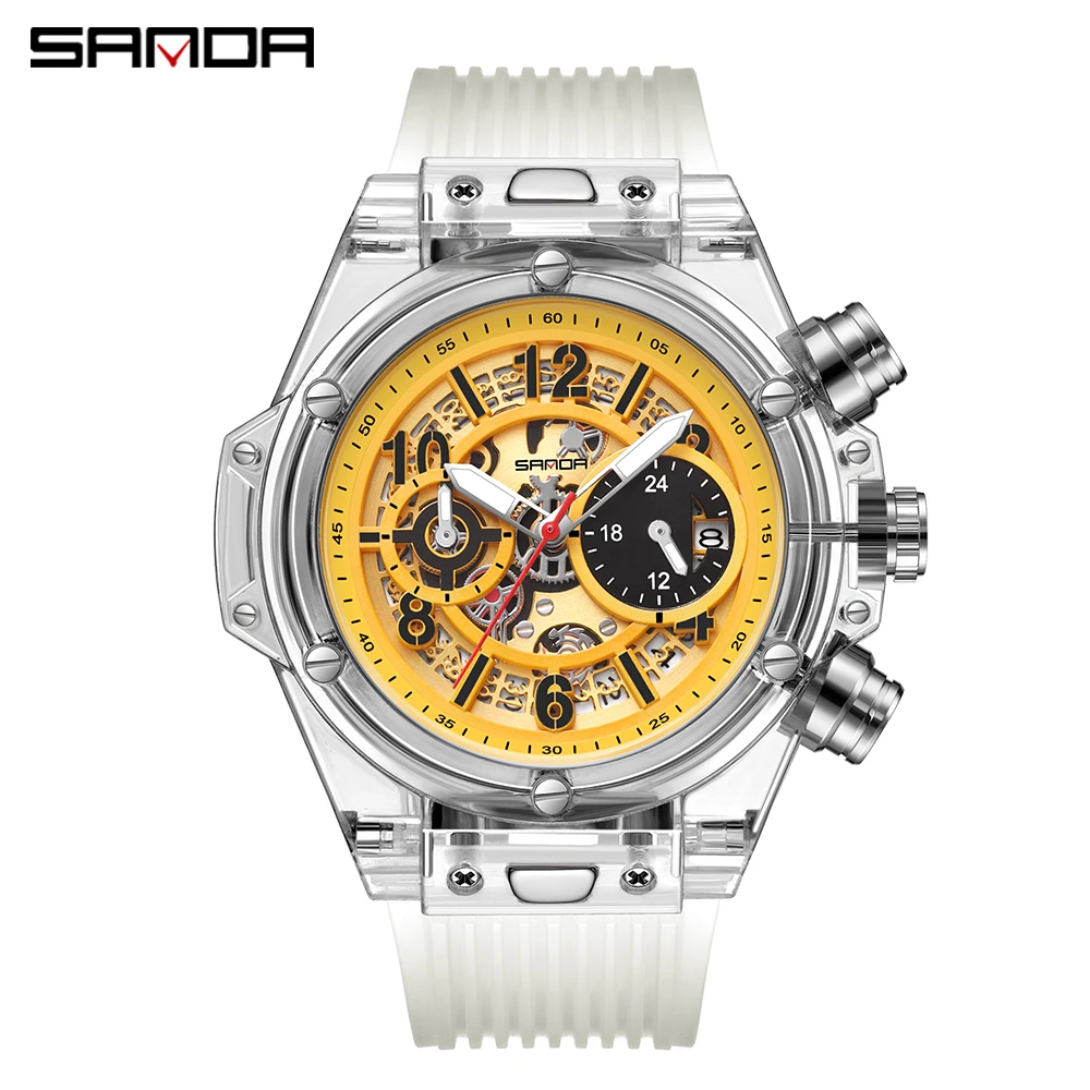 

SANDA 7039 спортивные модные простые кварцевые наручные часы с секундомером водонепроницаемые Круглый циферблат полый дизайн дата Серебристые мужские часы