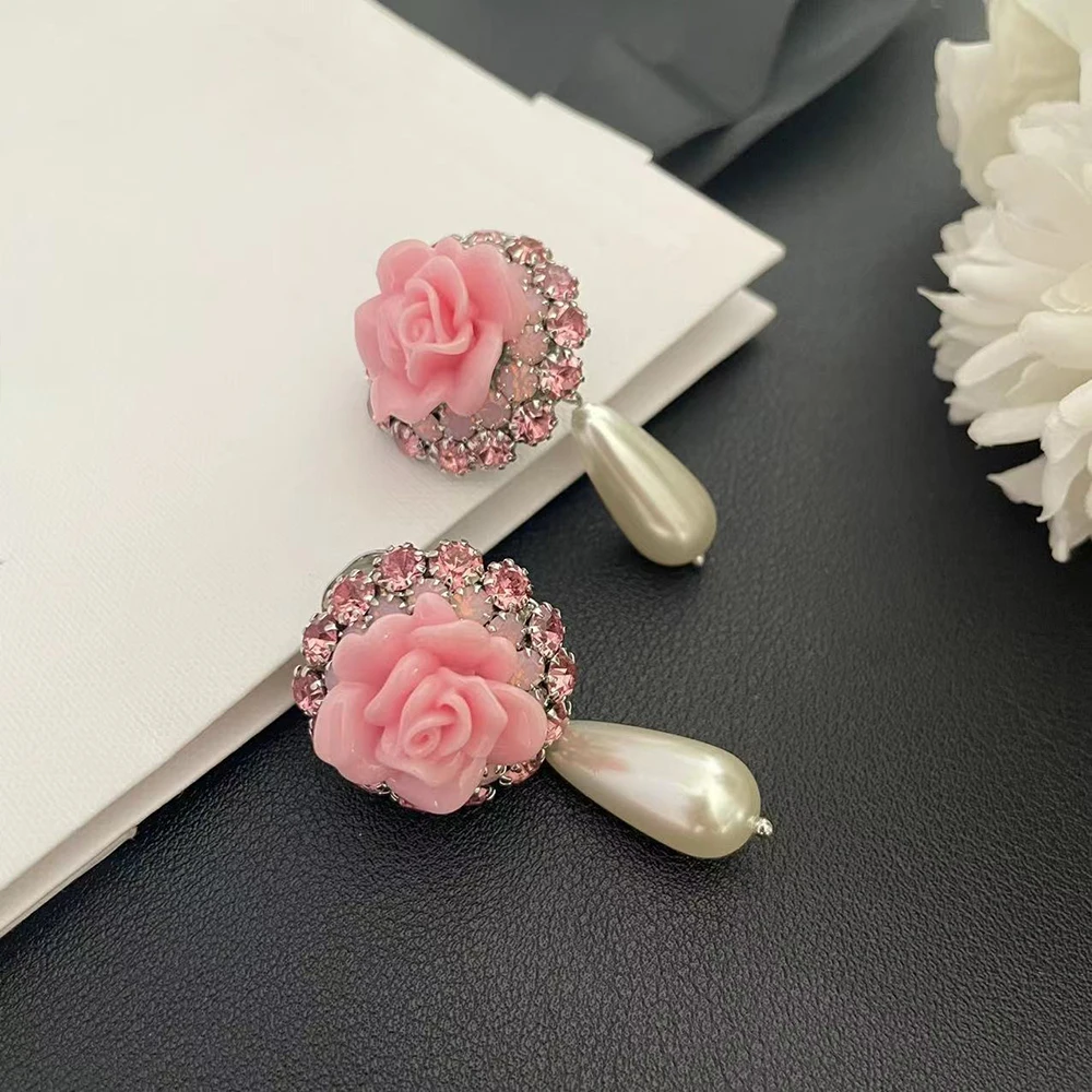 

2024 New Pink Rose Crystal Diamond Pearl Earring For Women Famous Designer Brand Luxury Jewelry Top Quality Birthday Party Gift