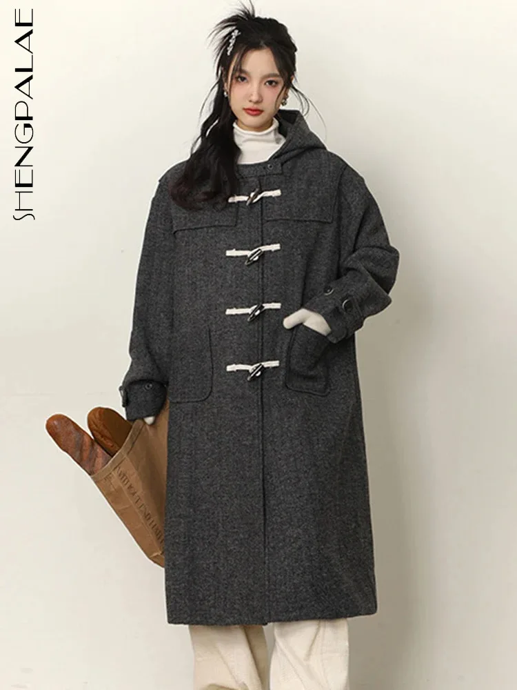 

SHENGPALAE Temperament Hooded Woolen Coat Fashion Women Horn Button Spliced Pocket Straight Blends Jacket Autumn 2024 New 5R7752