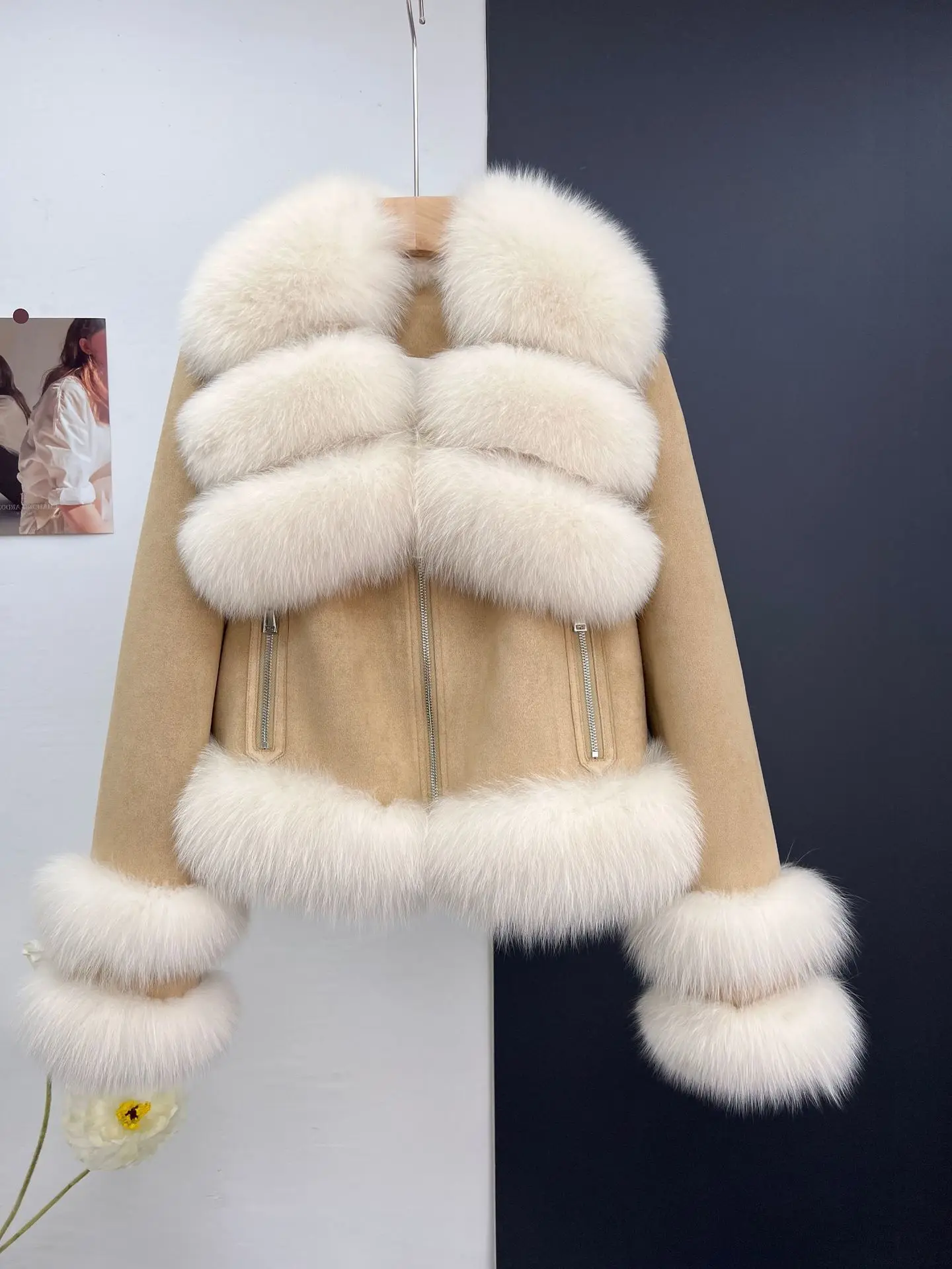 

Haining Fur Coat Women's Short Fox Fur Collar White Goose Down Coat Inner Lining Suede Young Style New 2023