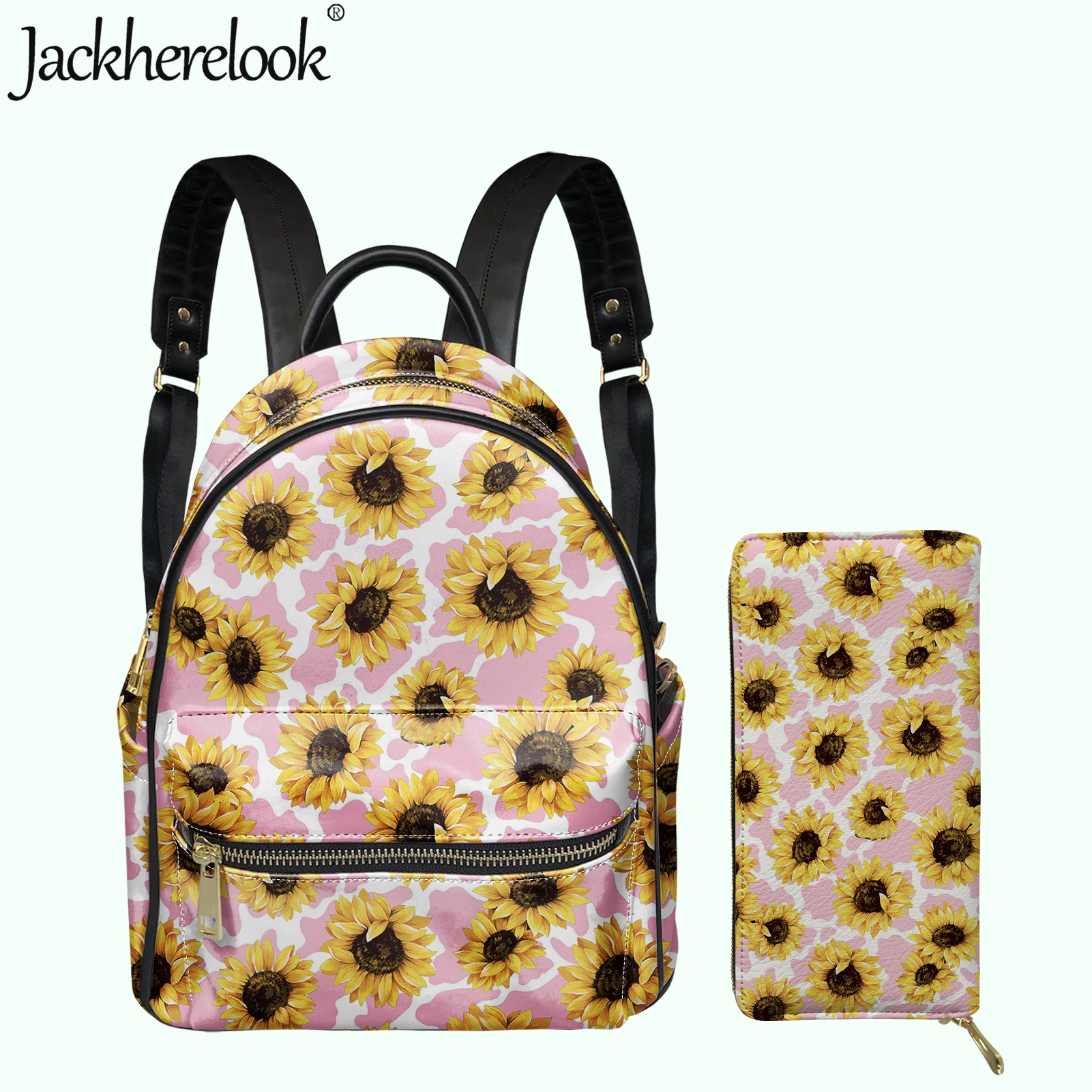 

Jackherelook 2022 Women 2Pcs/Set Backpack&Wallet Sunflower Cow Spot 3D Print Girls School Bag PU Leather Campus Schoolbag Wallet