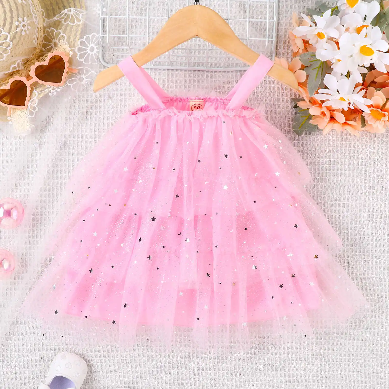 

9M-5Y Kids Children Summer Girls Princess Dress Sling Mesh Star Glitter Cake Skirt Fashion Nvbaobao Clothes Birthday Party Dress