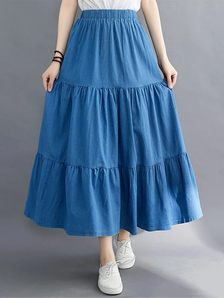 

Casual Solid Long Denim Skirt Women 2024 Summer Korean Elegant A Line High Waist Patchwork Maxi Jeans Skirt Female Lady Z556