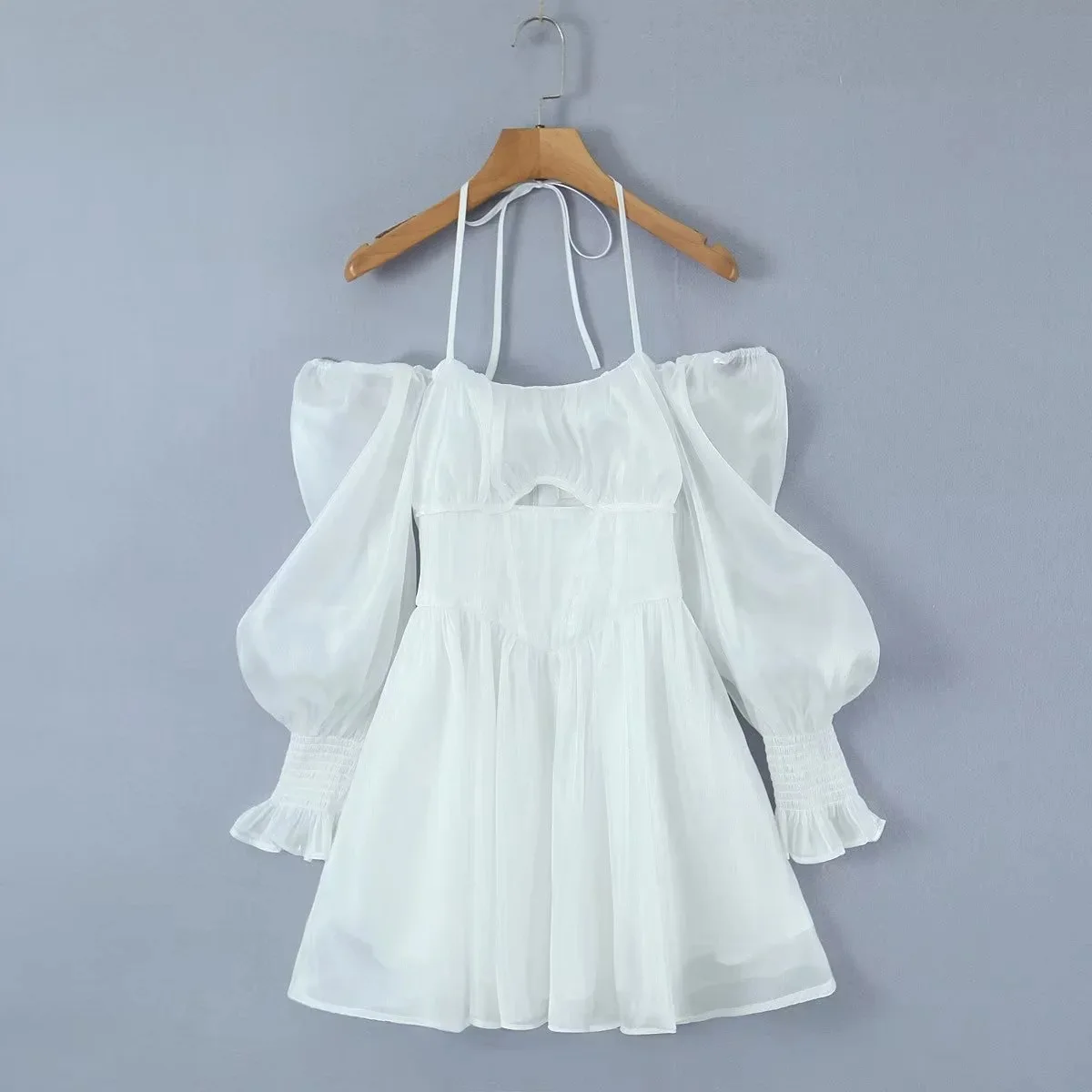 

Women Spring Princess White Dresses Girls French Snash Neck Lantern Sleeves Dress Hollow Stitching Backless Lace Up Neck-mounted