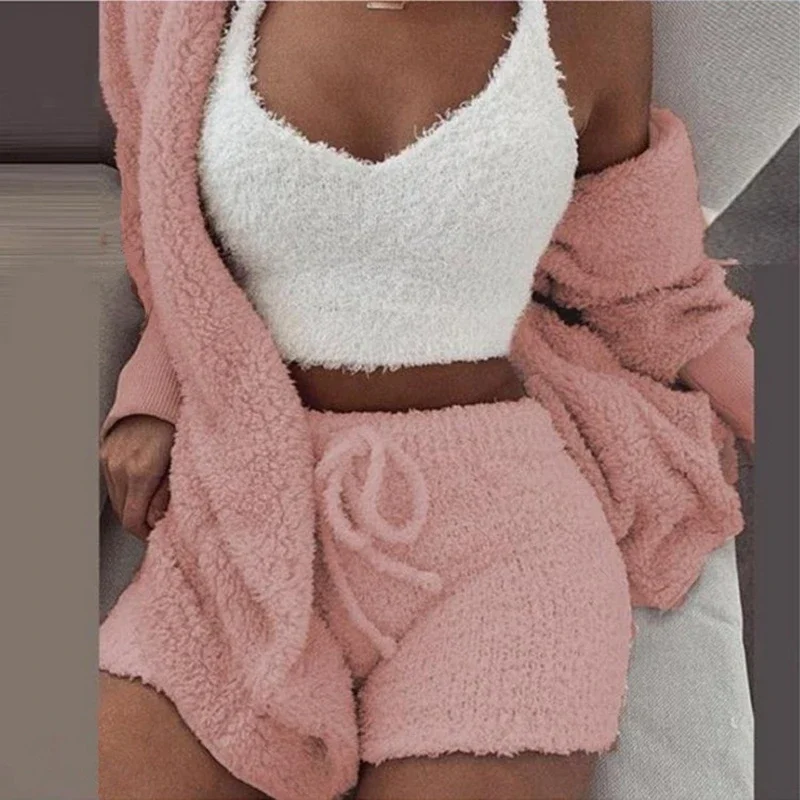 

Fluffy Set Tank Size And Pijamas Shorts Leisure 3 Plus Pajamas Sleepwear Homsuit Pieces Hoodie Women For Top Casual Winter