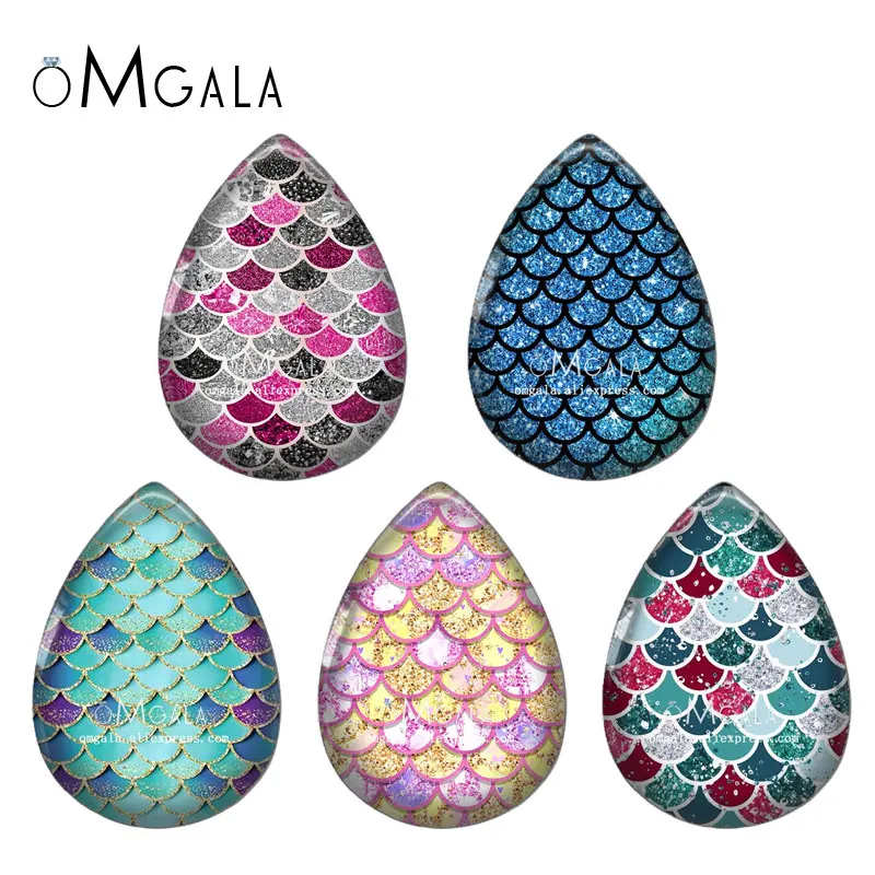 

5pairs Colorful Gliter Fish Scale Patterns 13x18/18x25mm Photo Glass Cabochon Flat Back For DIY Jewelry Making Findings