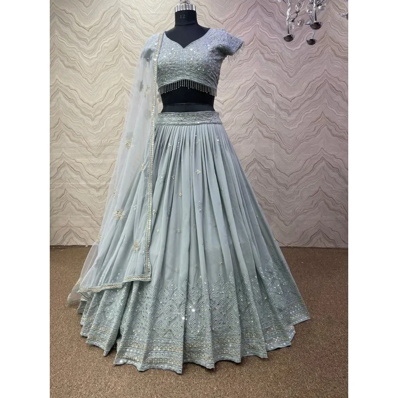 

V-neck Short Sleeved Lehenga Choli Set Handmade Beaded Gray Blue Fox Georgette Indian Traditional Party Costumes Semi Stitched