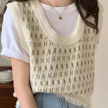 Camisa Feminina de Verão de Malha de Manga Curta com Decote em V e Recorte Justinha - Tendência da Moda 10 Sweater Vest Women Tassel Simple S-3XL Knitting Loose Summer Trendy Creativity Leisure Preppy Students All-match Korean Style
