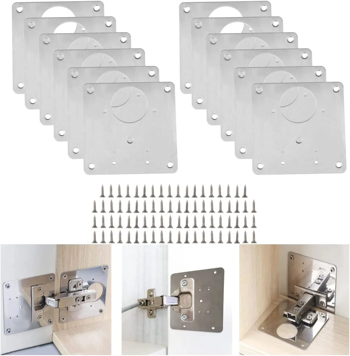 

12Pcs Cabinet Hinges Repair Plate Set Stainless Steel Hinge Repair Brackets Kit with Fixing Screws for Furniture Shelves Cabinet