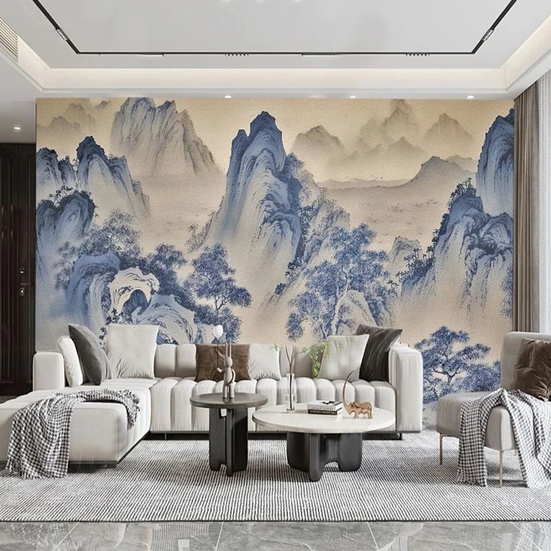 

Custom Wall Mural Chinese Ink Blue White Porcelain Landscape Scenery Backdrop Painted Living Room Bedroom Decor Fresco Wallpaper