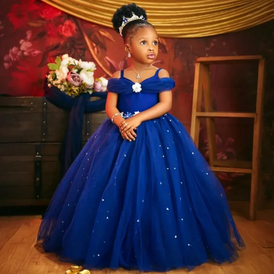 

Принцесса Королевский синий цветок для девочек платья для свадьбы бисера тюль для девочек нарядное платье для детей официальная одежда для выпускного вечера