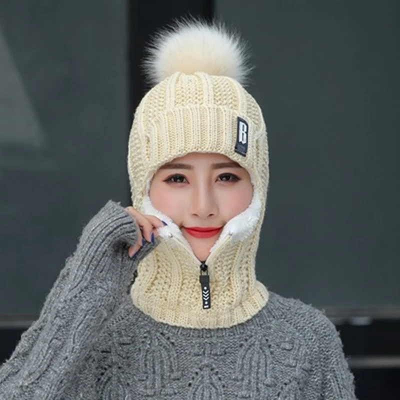 

Зимние женские вязаные шапки, плюшевый пуловер, наушники, нагрудник, теплая шапка, Женские теплые меховые шапки с помпоном