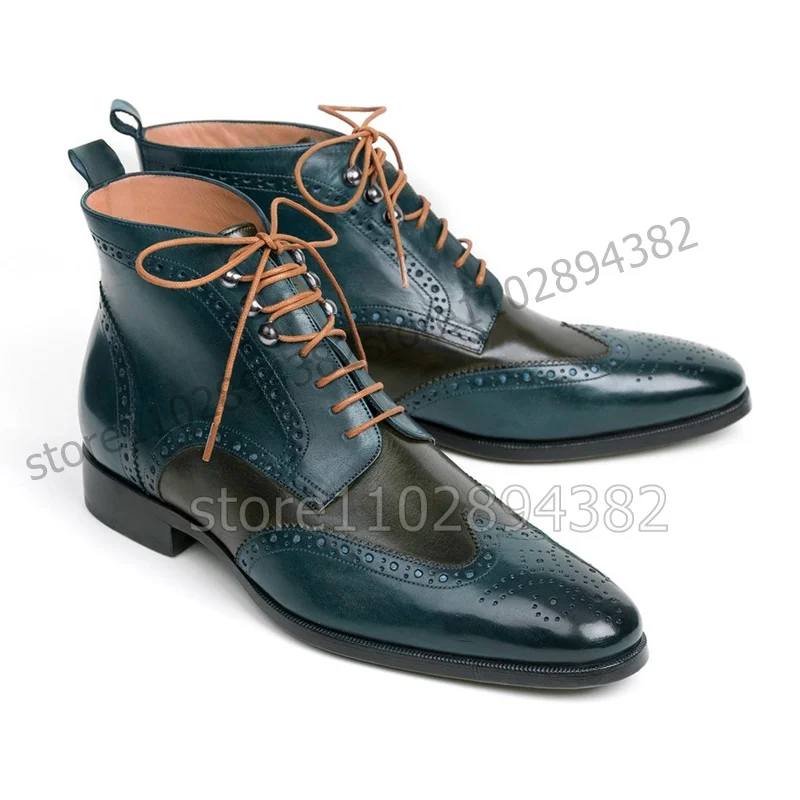 

Mixed Color Carving Design Patchwork Ankle Boots Fashion Lace up Men Boots Luxury Handmade Party Feast Banquet Men Dress Shoes