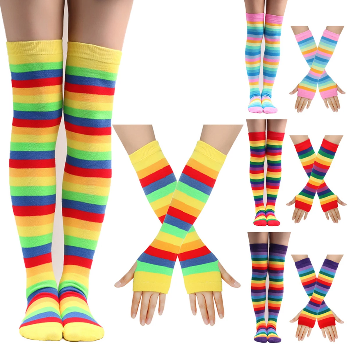 Womens Colorful Striped Stocking Socks Knee High Socks Casual Thigh High Over The Knee Hosiery Arm Warmer Fingerless Gloves Set
Womens Colorful Striped Stocking Socks Knee High Socks Casual Thigh High Over The Knee Hosiery Arm Warmer Fingerless Gloves Set