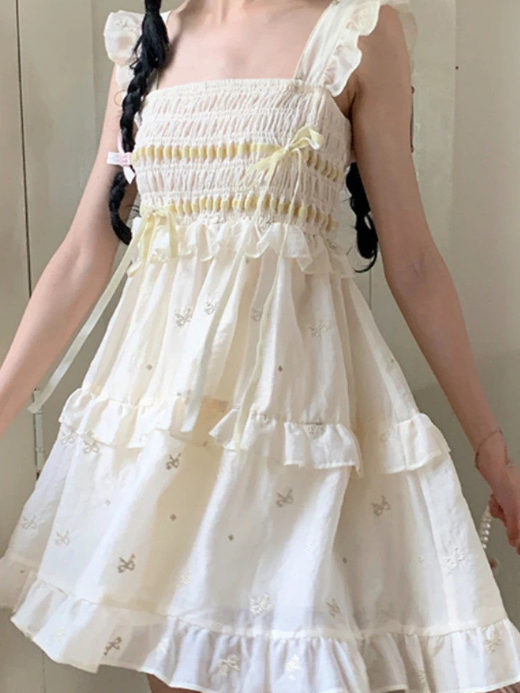 

Summer Chiffon Vintage Sweet Dress Women Flying Sleeve Lolita Kawaii Mini Dress Female Ruffles Korean Fahsion Cute Dress 2023