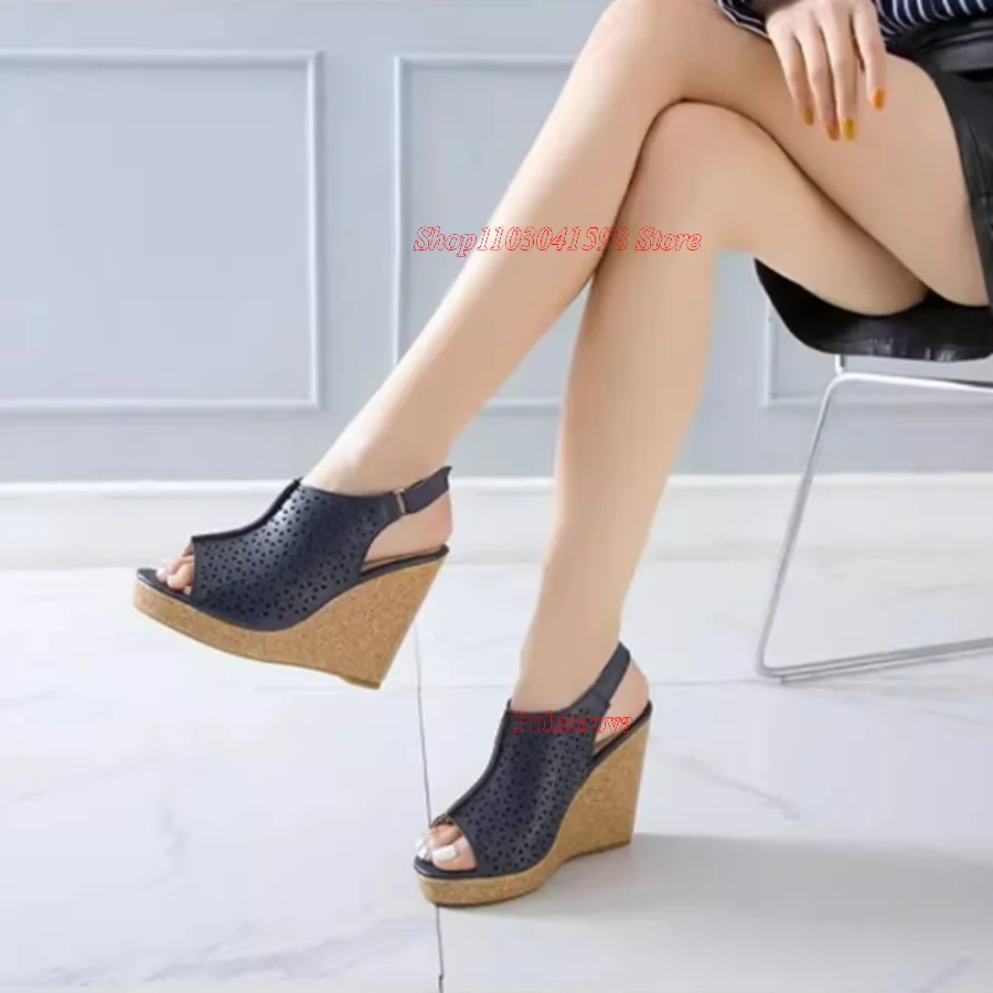 

Cutout Leather Straw Shoes Sandals Peep Toe Slope Heel Women Shoes Wedding Beach Party High Heels 2023 New Zapatos Para Mujere
