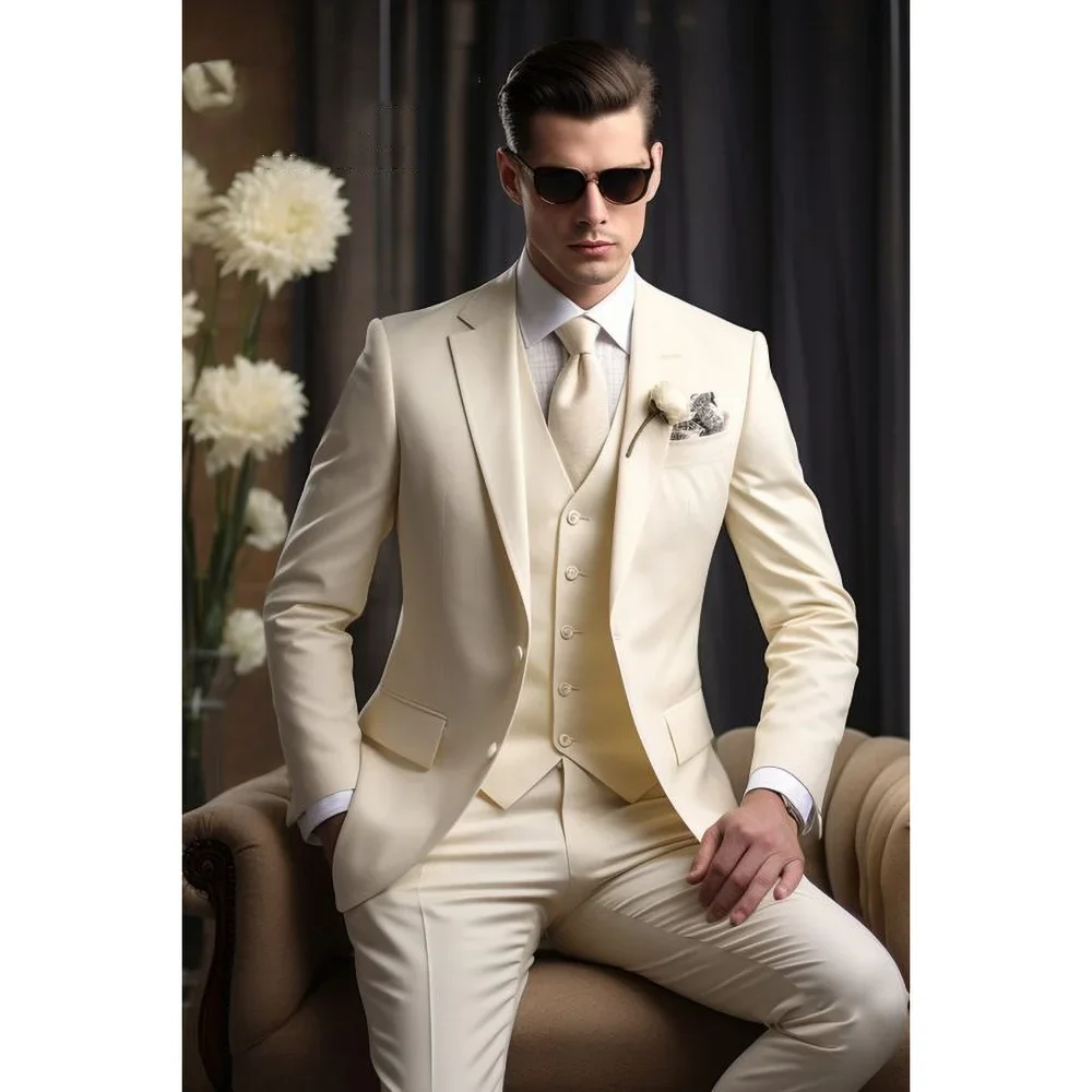 

Ivory Notch Lapel Single Breasted Men Suits 3 Piece Summer Chic Business Casual Office Wear Elegant Groom Wedding Tuxedo Slim