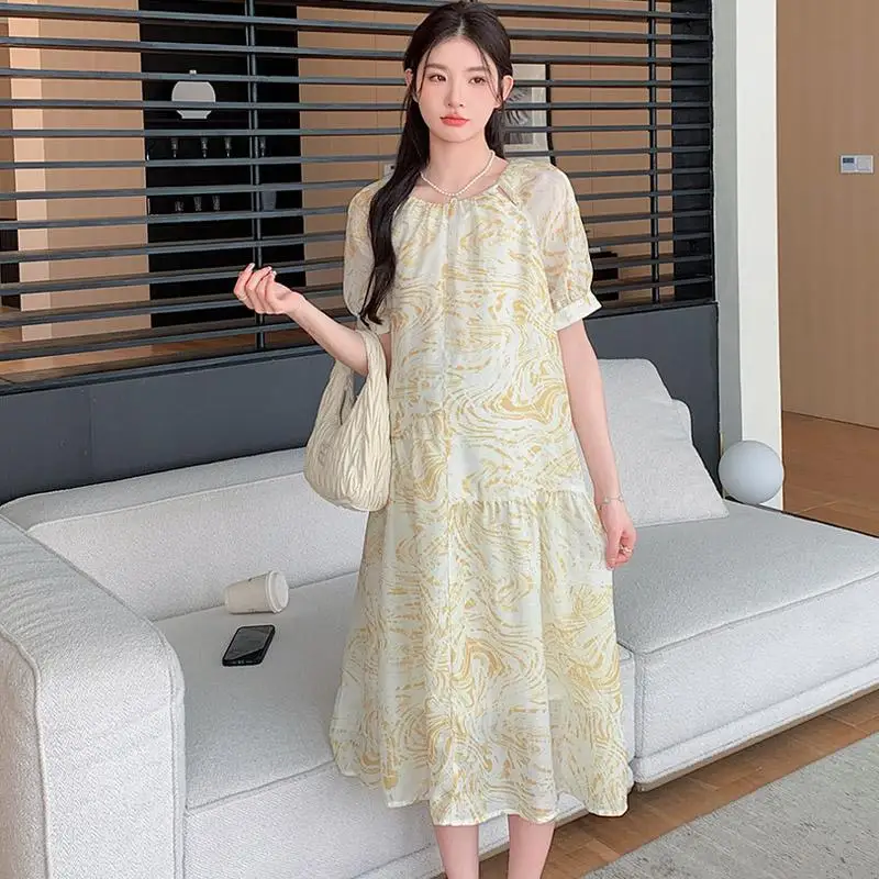 

Korean Style Fashionable Maternity Dress Summer Long Loose Round Collar Pregnant Woman Beach Dresses Holiday Clothes Yellow