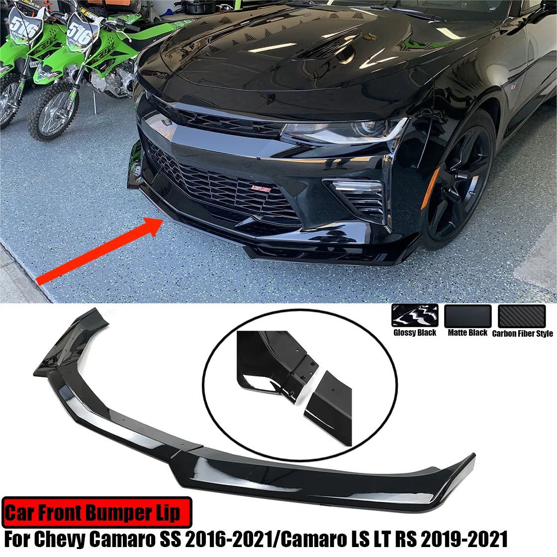 

For Chevy Camaro SS 2016-2021/ LS LT RS 2019-2021 Car Front Bumper Lip Splitter Spoiler Matte Black Glossy Black Carbon Look