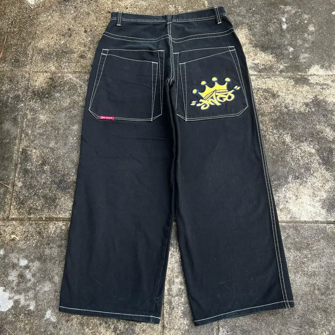 

Уличная одежда JNCO, джинсы в стиле ретро, хип-хоп, корона, готические модные мешковатые джинсы с вышивкой, черные брюки, женские широкие брюки для скейтборда