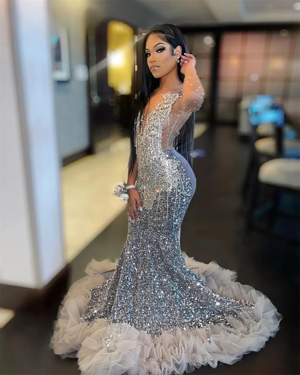 Luxury African American Prom Dresses Mermaid Long Sleeves Sequins Beaded Girls Nigeria Robe De Soiree Evening Dresses Gown
Luxury African American Prom Dresses Mermaid Long Sleeves Sequins Beaded Girls Nigeria Robe De Soiree Evening Dresses Gown
