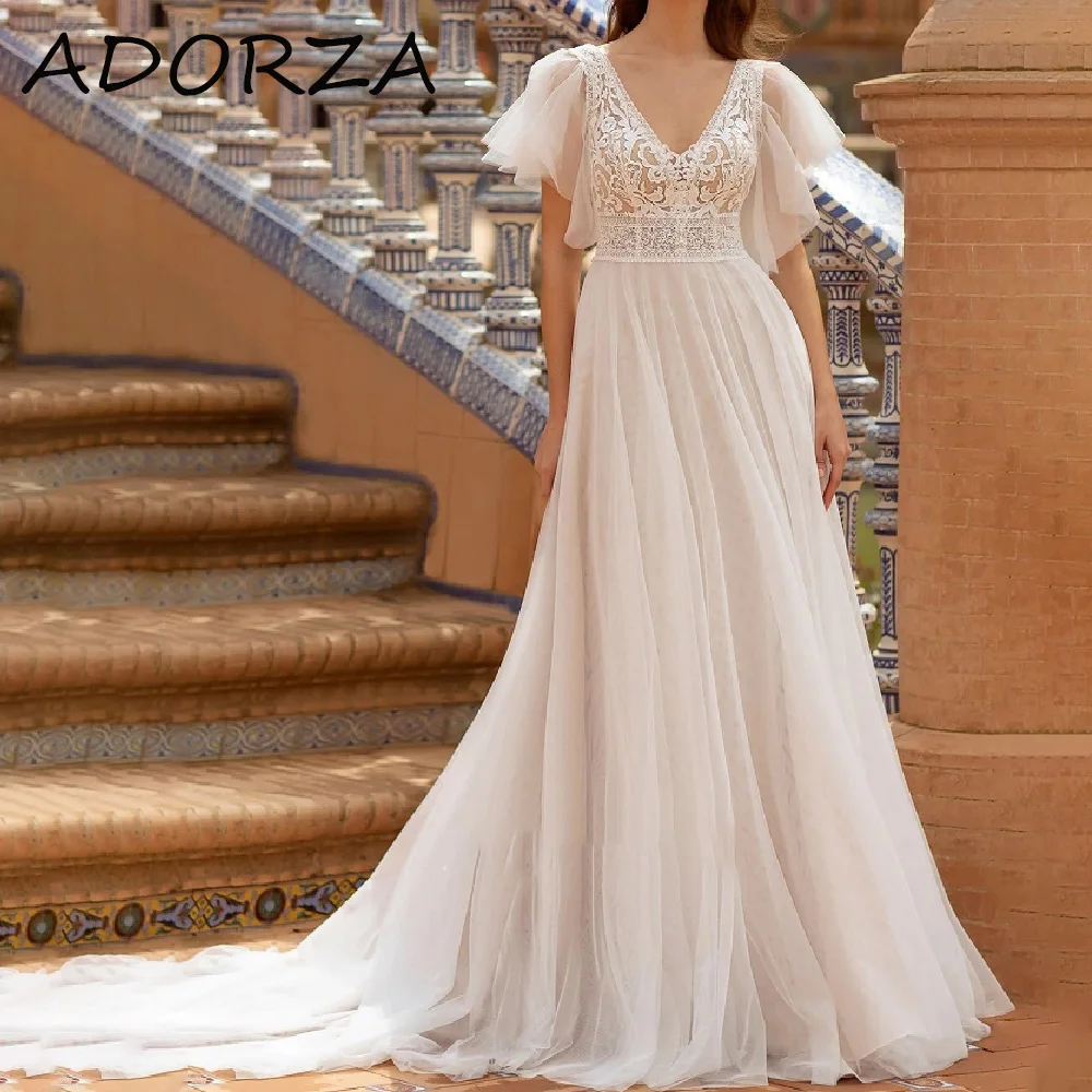 

ADORZA A-line Wedding Dress Romantic Lace Tulle Illusion Sleeve V-neck Empire Court Train فستان حفلات الزفاف Vestidos De Novia