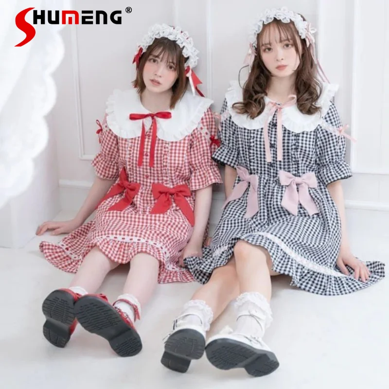 Japanese Style Sweet Cute Printed Bow Doll Collar Puff Short Sleeve Plaid Dress Summer Kawaii Girl Mid-length Dress 
Japanese Style Sweet Cute Printed Bow Doll Collar Puff Short Sleeve Plaid Dress Summer Kawaii Girl Mid-length Dress