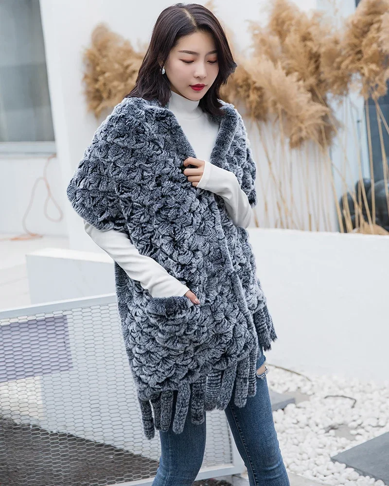 

190*36cm Winter Knitted Real Rex Rabbit Fur Scarf with Pocket Wide Women Natural Rabbit Fur Tassel Shawl Warm Long Fur Scarves