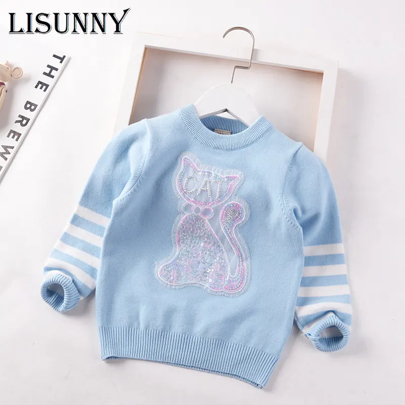 

2023 Autumn Children Clothing Kids Sweater Girls Sweater Baby Pullover Sequin Cartoon Cat Toddler Clothes Lolita Style 2-7y