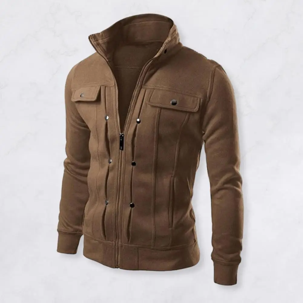 

Fashionable Men Outerwear Stylish Men's Spring Autumn Jacket Buttoned Zipper Closure Solid Color Stand Collar Long for Casual