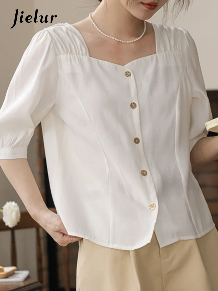 

Jielur Рубашка Женская однобортная с квадратным вырезом, шикарная Элегантная блузка в французском стиле, офисная одежда, лето