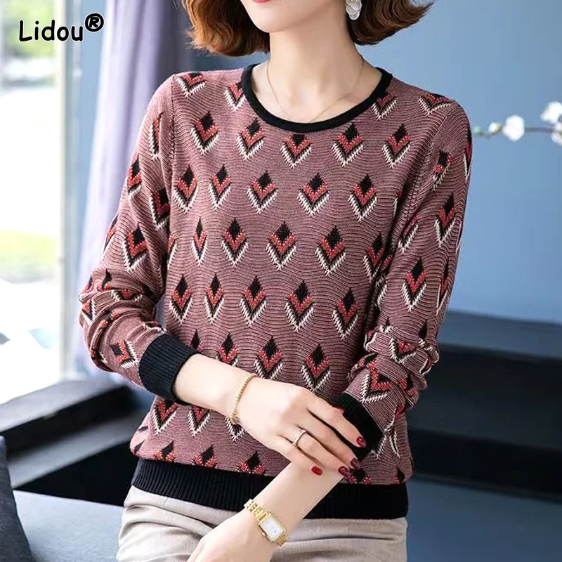 

Loose Plaid Autumn Winter Thin Spliced T-Shirts Women's Clothing Pullovers Lattice Simple Printing Graphic Round Neck Straight