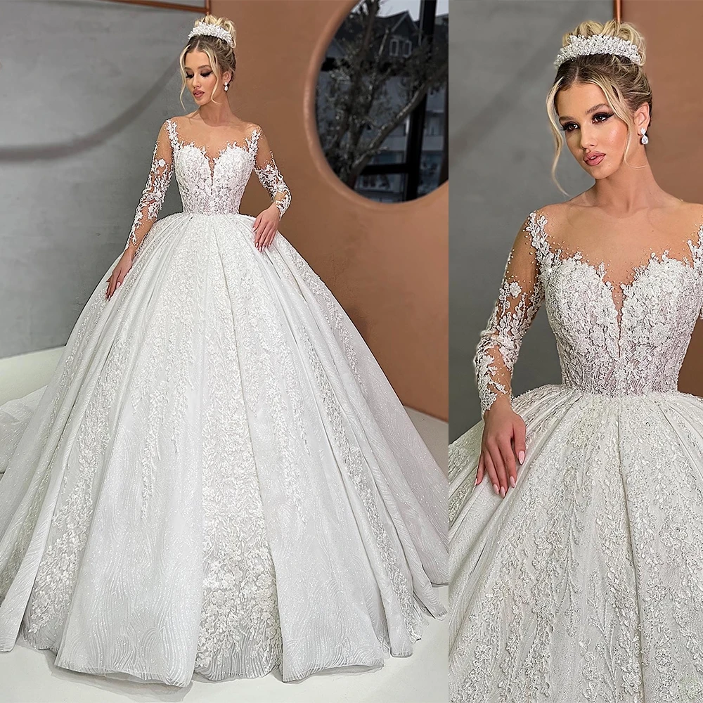 

Elegant Lace Appliques Ball Gowns Sheer Neck Jewel Wedding Dress Custom Made Beading Illusion Vestido de novia