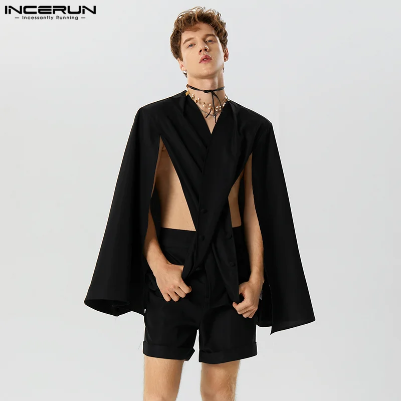 

American Style New Men's Fashion Sets Long Sleeved Cardigan Cape Shorts Personality Collarless Two-piece Sets S-5XL INCERUN 2023
