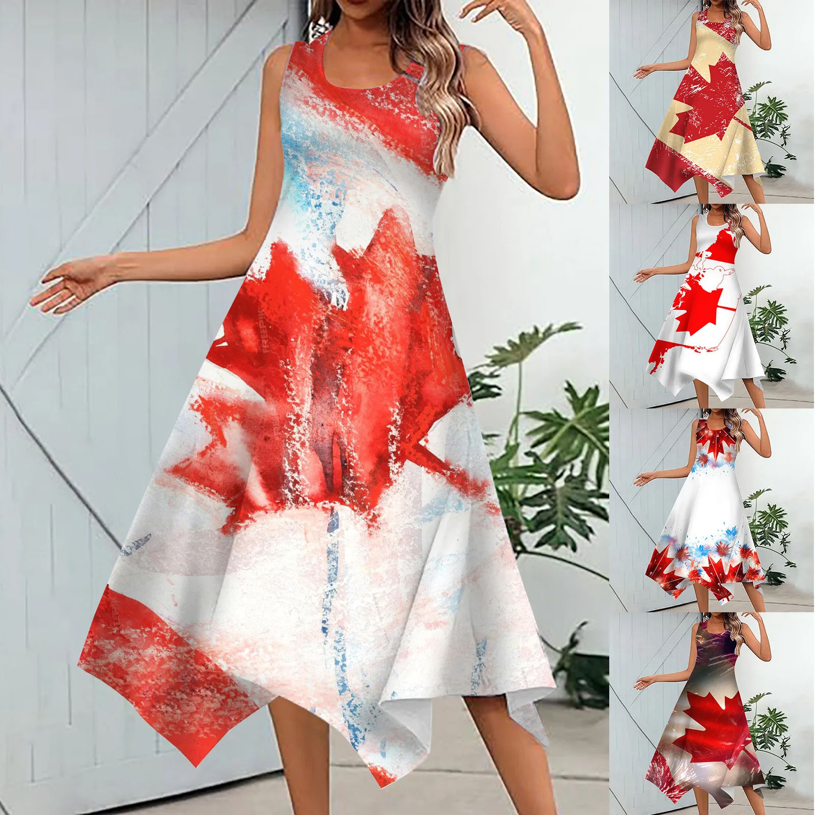 

Dresses For Women Causal Fashion Summer Canada Independence Day Print Irregular Hem A Line Round Neck Sleeveless Side Sundress