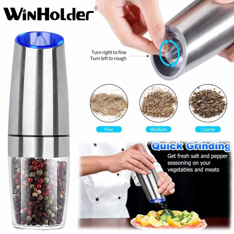 Winholder Stainless Steel Gravity Electric Pepper and Salt Grinder Mill Adjustable Coarseness Battery Powered with LED Light
Winholder Stainless Steel Gravity Electric Pepper and Salt Grinder Mill Adjustable Coarseness Battery Powered with LED Light