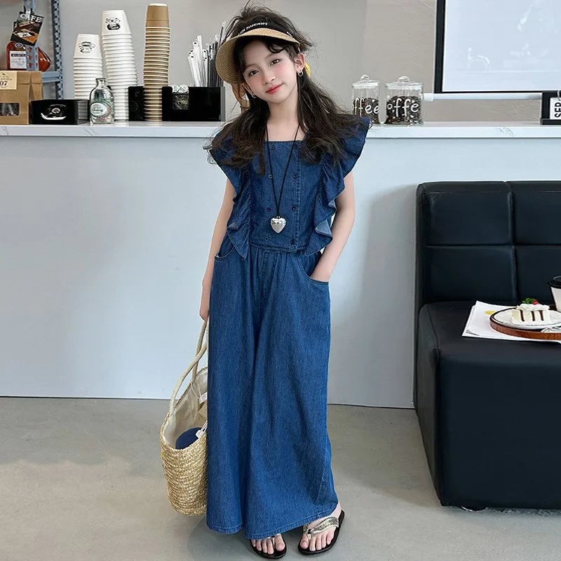 

2024 Korean Summer Junior Girl Denim Clothing Set Teenager Girl Lace Square Neck Top+Wide-leg Pants Students Clothes Sets