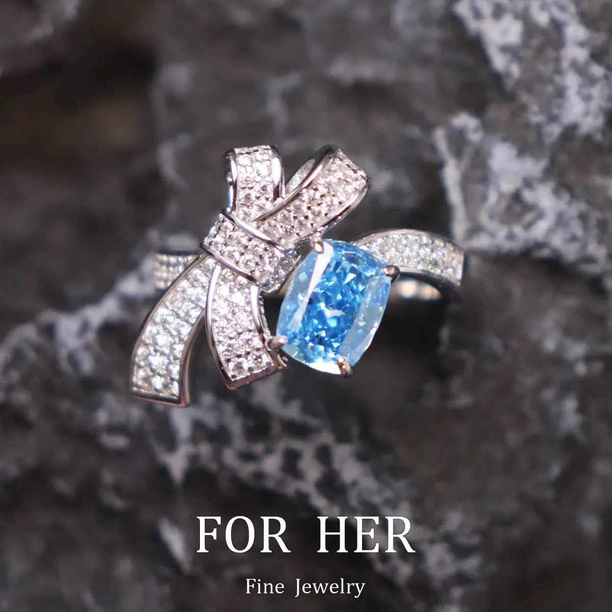 

ForHer Jewelry 925 Sterling Sliver Blue High Carbon Diamond Gemstone Sparkling Bowknot ring Jewelry Anniversary Gift