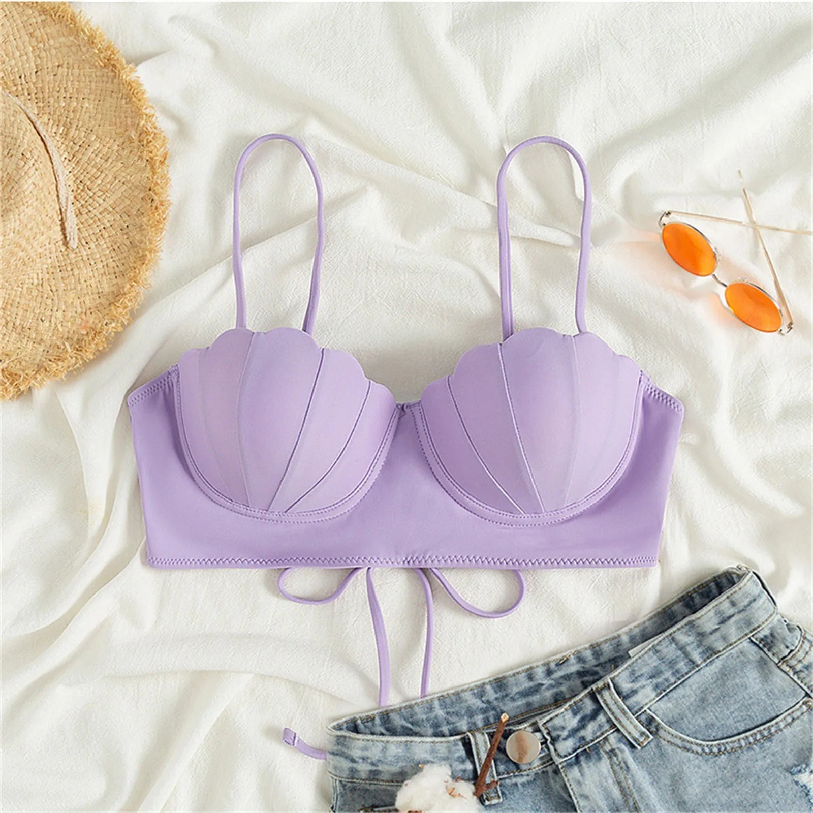 

Strappy Seashell Bikini Top Mermaid Swim Tops Push Up Bathing Suit Tops For Women With Underwire Bras Swimsuits Sexy Lace Up Bra