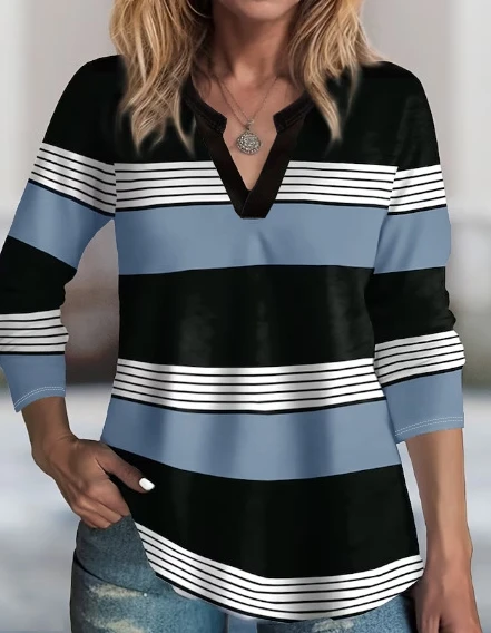 

Fashion Women Bloues 2023 Autumn Stripe V-Neck Long Sleeve Top T-Shirt Women's Clothing Casual Basics Tee Pullover