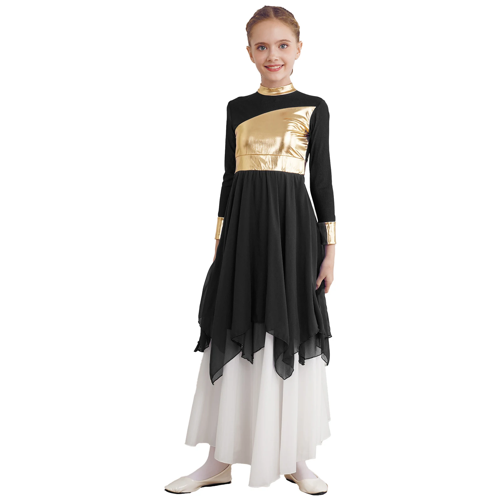 Kids Girls Lyrical Ballet Dance Dress Long Sleeve Bronzing Cloth Patchwork Church Praise Dresses Contemporary Modern Dancewear
Kids Girls Lyrical Ballet Dance Dress Long Sleeve Bronzing Cloth Patchwork Church Praise Dresses Contemporary Modern Dancewear